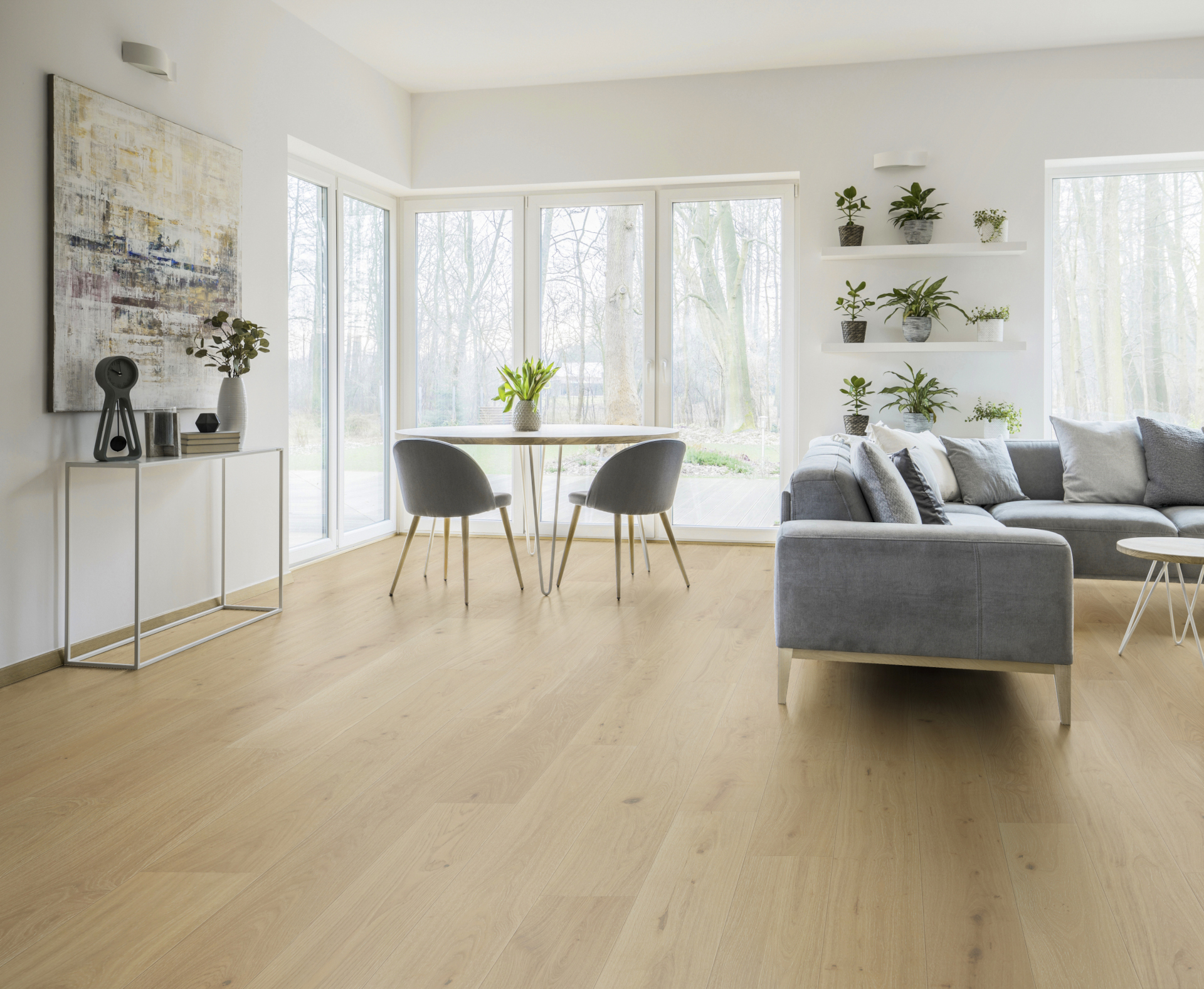 Blonde wide plank flooring in a room